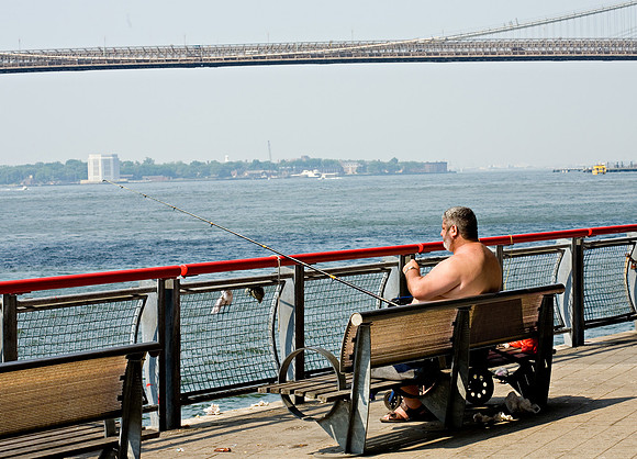Gentleman fishing under the Brooklyn Bridge, NYCity.